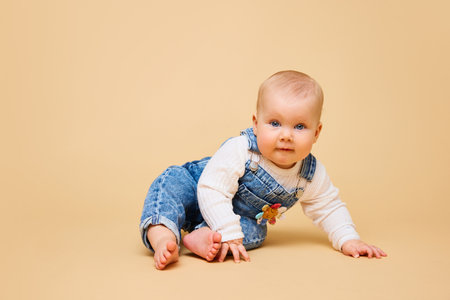 Charming little kid, baby-girl posing sitting in classical denim overalls and warm sweater against beige background. Concept of fashion, beauty, childhood, motherhood, life, birth. Copy space for adの写真素材