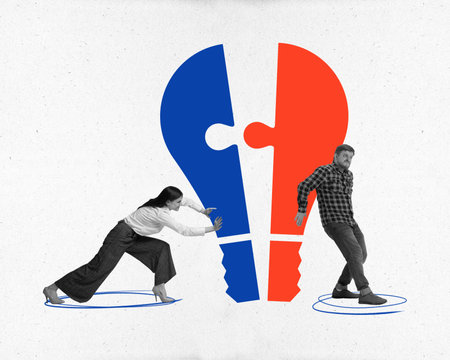 Contemporary art collage. Two motivated workers, tries to join colorful puzzle pieces of light bulb to begins new startup. Concept of business development, career growth, cooperation and teamwork. Adの写真素材