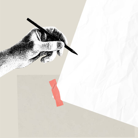 Vector illustration. Contemporary art collage. Male hand with pencil and blank paper. Creation of story. Making notes and sketches. Concept of art, creativity, imagination, fantasy expression, talentのイラスト素材