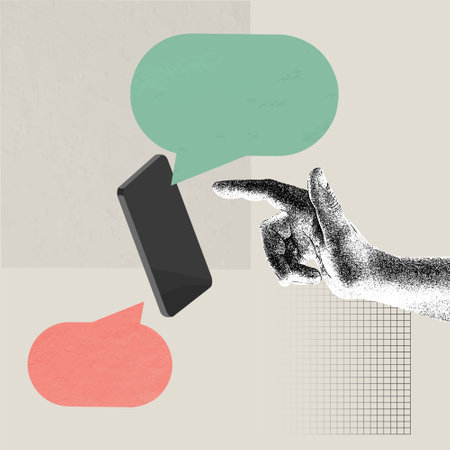 Vector illustration. Contemporary art collage. Male hand reaching phone screen with speech bubble appearing. Online communication. Concept of modern technologies, chatting, internet, networkのイラスト素材