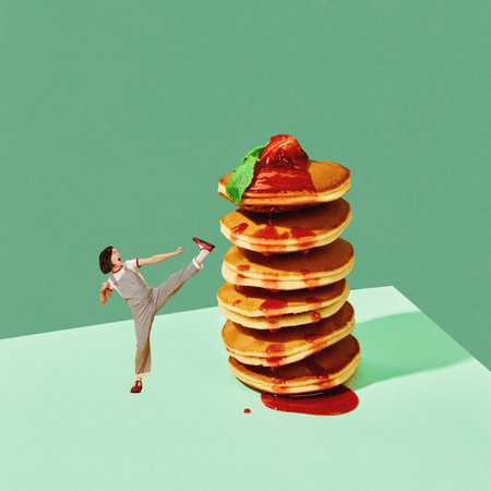 Poster. Contemporary art collage. Young woman in retro fashion outfit fighting with stack of pancakes against mint background. Concept of food and drink, vegetarian, vitamins, energy, nutrition. Adの写真素材