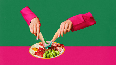 Poster. Contemporary art collage. Female hands hold female legs by which eating fruits against pink-green background. Concept of food and drink, vegetarian, vitamins, energy, nutrition. Adの写真素材