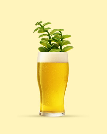 Poster. Contemporary art collage. Plant growing in glass of lager beer against yellow background. Craft beer. Concept of party, fun and joy, Friday mood, Oktoberfest, summer mood. Adの写真素材