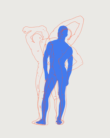 Contemporary art collage. Human figures in different poses drawn in line art style, with one in detailed blue overlay on light background. Concept of business, social issues, communication, connectionのイラスト素材