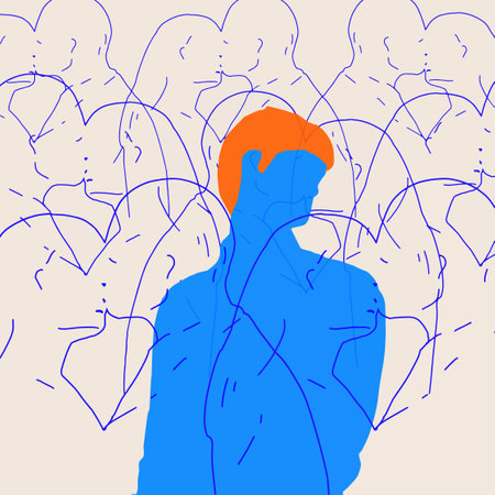 Contemporary art collage. Blue figure against backdrop of interconnected blue outlines silhouettes of couples in love on beige background. Concept of social issues, communication, connection.のイラスト素材