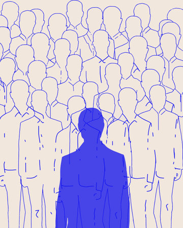 Contemporary art collage. Male blue silhouette walks against crowd of limp outlines of people against neutral background. Concept of business, social issues, communication, connection.のイラスト素材