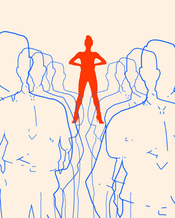 Contemporary art collage. Confident red silhouette standing with hands on hips, elevated above crowd of blue outlined male figures. Concept of business, social issues, communication, connection.のイラスト素材
