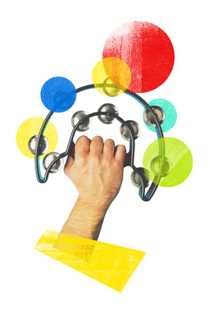 Poster. Contemporary art collage. Abstract tambourine against colorful shapes representing...