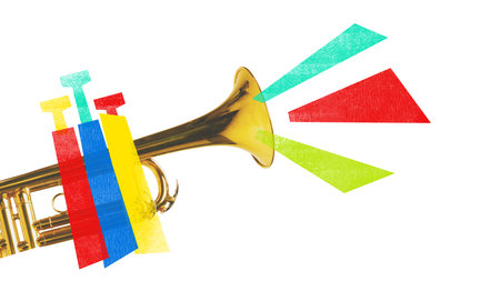 Poster. Contemporary art collage. Trumpet with colorful shapes coming out of its bell. Jazz and classical music. Concept of concert and parties, fusion of classic and modern art.の写真素材