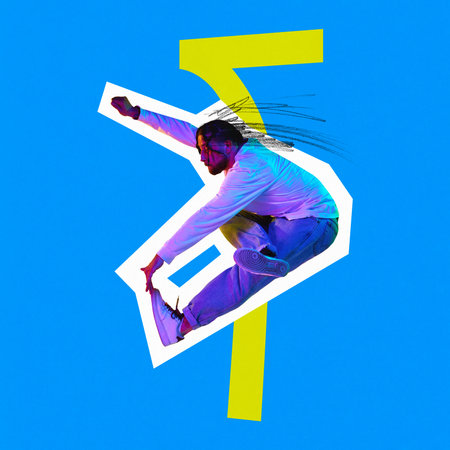 Poster. Contemporary art collage. Guy in casual clothes dancing energetic techno against vibrant...