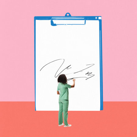 Contemporary art collage. Medical specialist stands in front of huge folder and noting anamnesis of patient. Medicine. Medical treatment. Concept of virus, health care, lifestyle.の写真素材