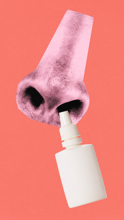 Contemporary art collage. big nose with nose spray against coral background. Allergy symptoms. Medicine. Medical treatment. Concept of virus, health care, lifestyle, immunity.の写真素材