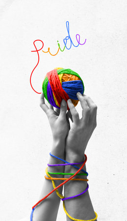 Poster. Contemporary art collage. Persons hands tied together with ball of multicolored yarn,...