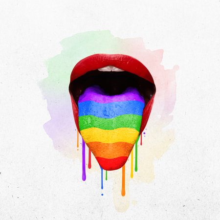 Poster. Contemporary art collage. Womans mouth, tongue sticking out and painted with colors of rainbow dripping with colorful paint. Concept of human rights, freedom, love diversity celebration. Adの写真素材