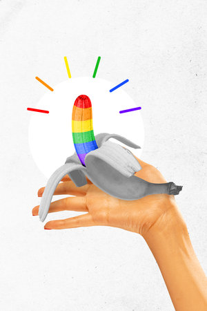 Poster. Contemporary art collage. Hand holding peeled banana with colorful, striped pattern running down, colors of stripes rainbow. Concept of human rights, freedom, love diversity celebration. Adの写真素材
