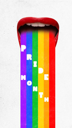 Poster. Contemporary art collage. LGBTQ community and social movements. Female moth with rainbow colored lines with pride month text. Concept of human rights, freedom, love diversity celebration. Adの写真素材