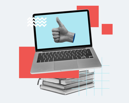 Poster. Contemporary art collage. Laptop computer sitting on stack of colorful books with thumb-up on screen. Feedback. Concept of business, steps for successful growth, best practice.の写真素材