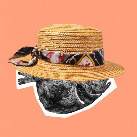 Poster. Contemporary art collage. Fish wearing straw hat with colorful ribbon against peachy background. Concept of summertime, holidays, vacation, party, fashion and style. Trendy magazine style.の写真素材