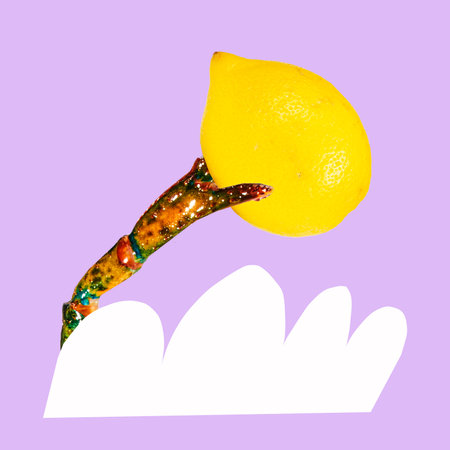 Poster. Contemporary art collage. Bright yellow lemon in large crabs claw against purple background. Surrealism. Concept of summertime, holidays, vacation, party, fashion and style.の写真素材