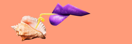 Banner. Contemporary art collage. seashell with straw from which purple lips drinks refreshing...