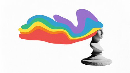 Poster. Contemporary art collage. Antique statue with rainbow arching out of its hair against white background. Concept of Pride Month, human rights, freedom, equality, peace, LGBTQ movement. Adの写真素材