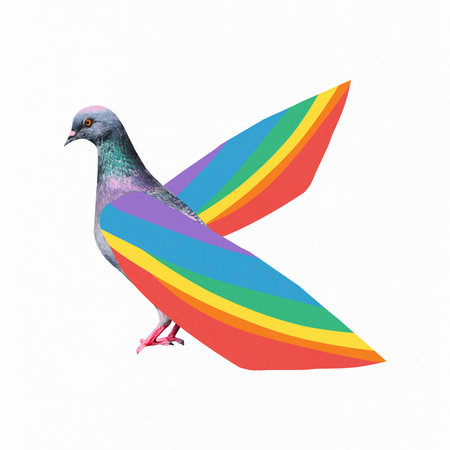 Poster. Contemporary art collage. Common pigeon with feathers colored in rainbow against white background. Concept of Pride Month, human rights, freedom, equality, peace, LGBTQ movement. Adの写真素材