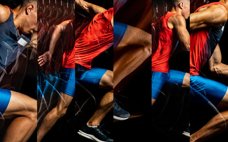 Collage. Male runner, sprinter in action in multiple dynamic poses highlighting speed and...