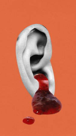 Poster. Contemporary art collage. Pleasant talks. Black and white human ear with sweet, red jam against peach background. Concept of parties, celebration, holidays, music and dance. Adの写真素材