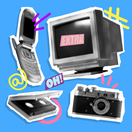 Poster. Contemporary art collage. Everyday technological devices cell phone, computer, cassette...