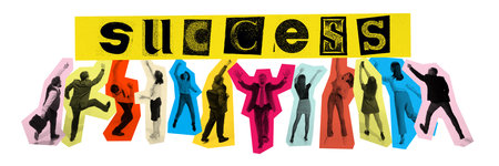 Banner. Contemporary art collage. Business people in vibrant color blocks reaching upwards to world success, symbolizing achievements. Concept of business collaboration, teamwork, teambuilding. Adの写真素材