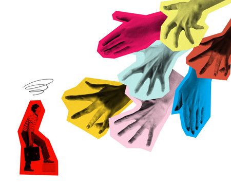Contemporary art collage. Business person in red block observing multiple vibrant hands coming together. Collective effort. Concept of business collaboration, teamwork, teambuilding. Adの写真素材