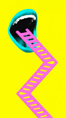 Contemporary art collage. Surreal artwork in vibrant trendy colors. Mouth wide open, with ladder...
