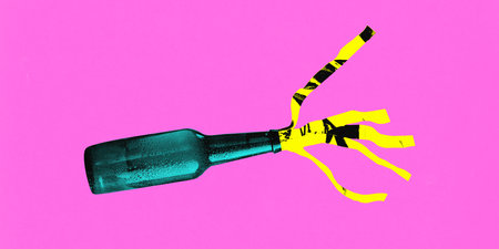 Contemporary art collage. Surreal artwork in vibrant trendy colors. Bottle with bright yellow paper emerging from its neck. Concept of surrealistic representation of simple things, creativityの写真素材