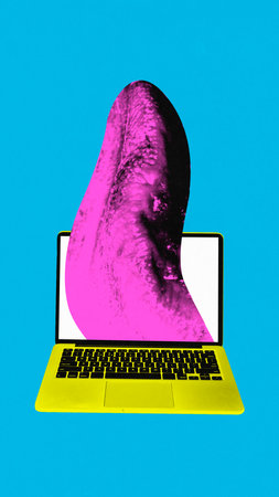Contemporary art collage. Surreal artwork in vibrant trendy colors. Laptop with large, pink tongue emerging from its screen. Concept of surrealistic representation of simple things, communicationの写真素材