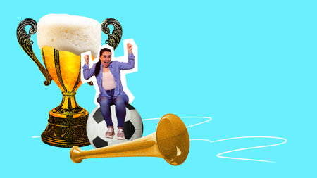 Poster. Contemporary art collage. Overjoyed woman sitting on ball against blue background with cup...