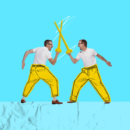 Poster. Contemporary art collage. Drawing artwork. Fight between two sportsman, dressed sketched...