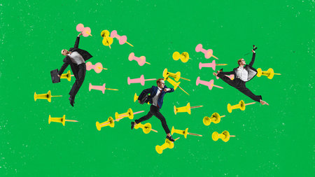 Contemporary art collage. businesspeople in formal attire leaping and floating between colorful pushpins against bright green background. Concept of business, job, ideas, startup, study and progress.の写真素材