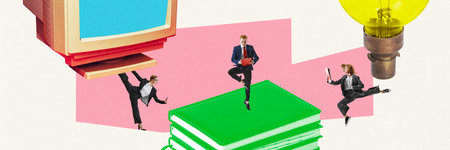 Banner. Contemporary art collage. Young people in business attire working, perform different...