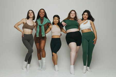 Women of varying shapes, sizes, and ethnicities pose together in comfortable, stylish activewear against neutral background. Concept of beauty and fashion, support, unity, wellness, body positivity.の写真素材