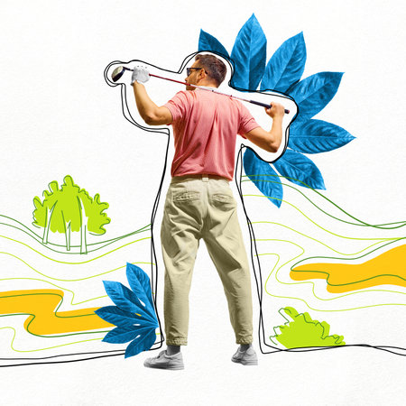 Poster. Contemporary art collage. Golfer posing confidently with golf club against abstract background with blue leaves and dynamic lines. Concept of professional sport, active lifestyle, hobby.の写真素材