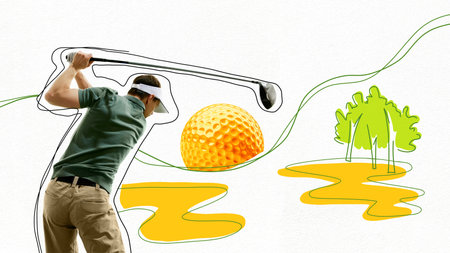 Poster. Contemporary art collage. Golfer swings club, facing large, vibrant orange golf ball and green trees in background. Abstract drawn course. Concept of professional sport, active lifestyleの写真素材
