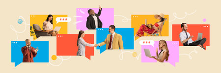 Banner. Contemporary art collage. Workers in various forms of virtual communication, including video calls, handshakes, and phone conversations. Concept of remote working and studying, work from home.の写真素材
