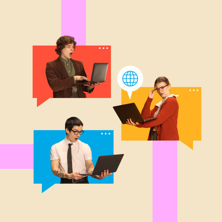 Poster. Contemporary art collage. Three people working and studying remotely, each holding laptop...