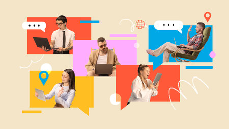 Poster. Contemporary art collage. Professionals engaging in remote work and communication via laptops and tablets against background with speech bubbles. Concept of work from home, online. Adの写真素材