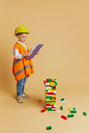 Boy dressed as builder, wearing hard hat and safety vest, holds clipboard while inspecting tower...