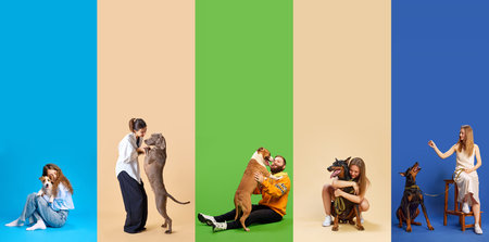 Collage. Happy moments together. Man and women hugs and playing to training their little beloved pets against colorful background. Concept of pets lovers, emotions, friendship, animals, companion. Adの写真素材