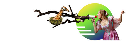 Contemporary art collage. Woman in vintage gown uses megaphone attached to tree to communicate with giraffe nestled in birds nest. Connect with and protect natural world. Concept of save environment.の写真素材