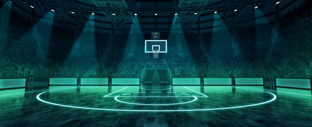 Panoramic view. Empty futuristic basketball stadium arena illuminated by neon lights with crowdy stages ready to watch final game. 3D render. Concept of sport, competition, action and motionの写真素材