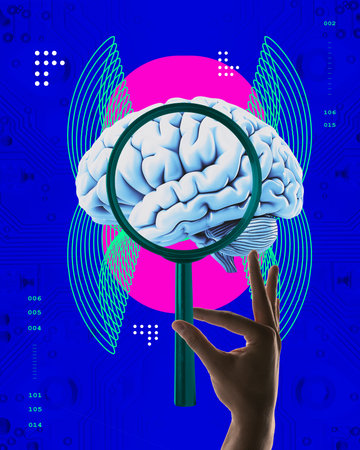 Contemporary art collage. Human hands holding magnifying glass exploring the human brain against...