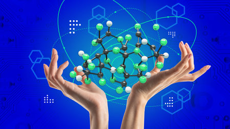 Contemporary art collage. Human hands holding huge molecular structure against background with...